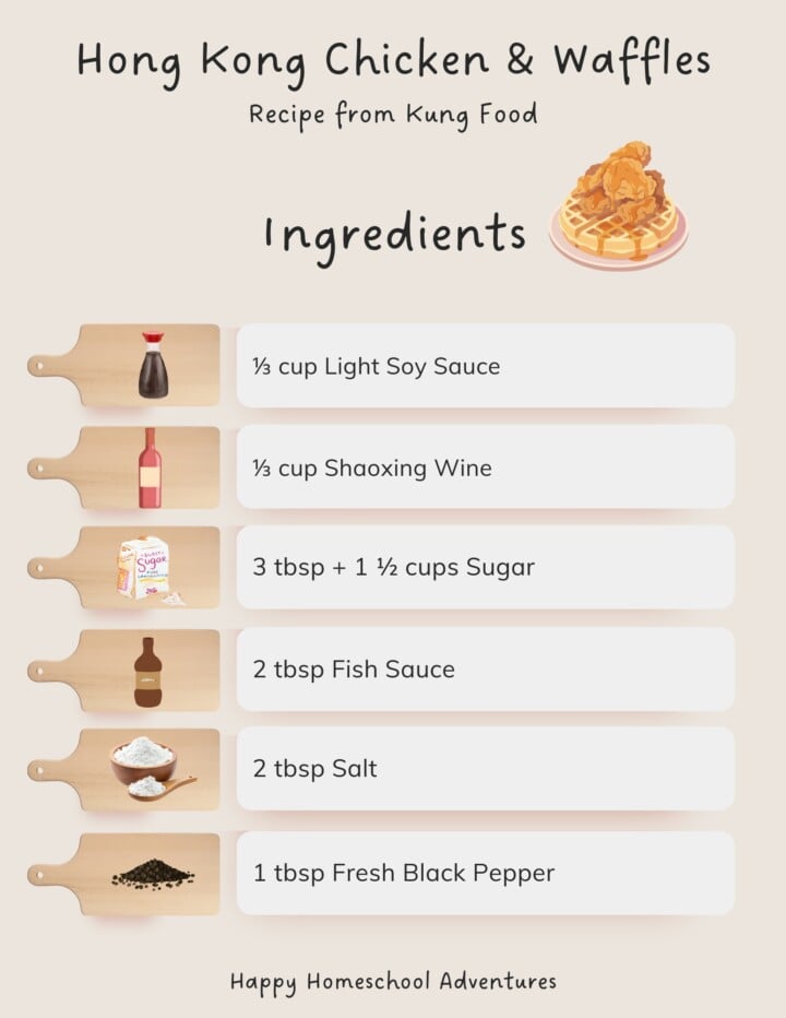 illustrated ingredients snippet for making Hong Kong Chicken and Waffles from Kung Food