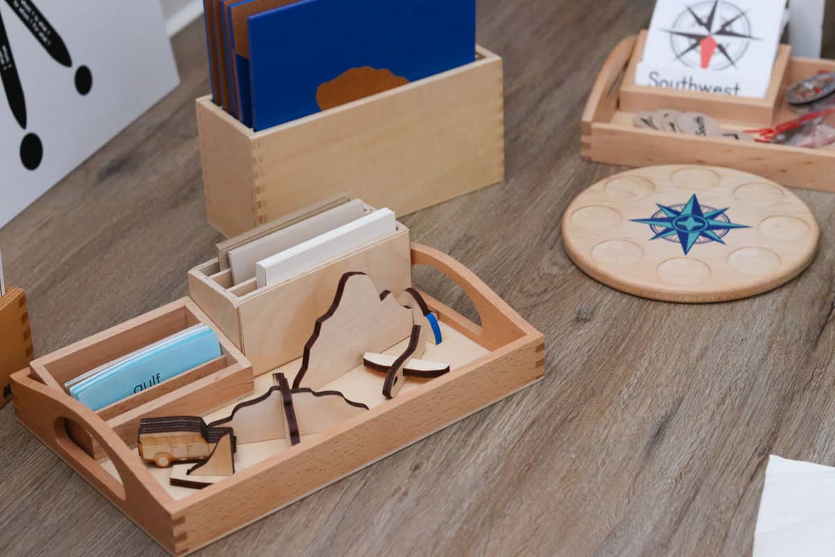 Waseca Biomes landform mat materials, sandpaper landforms, and a Mirus Toys compass with printables