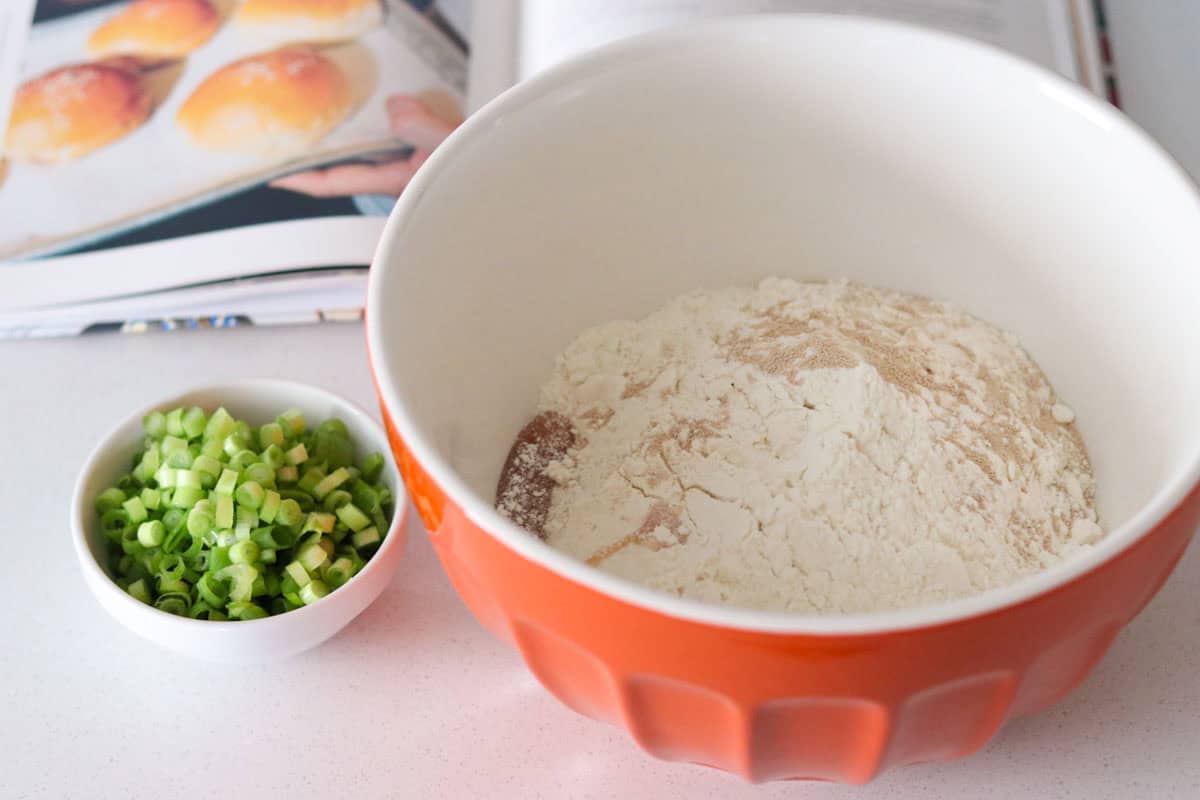 starter for milk buns, scallions,, and Made Here cookbook