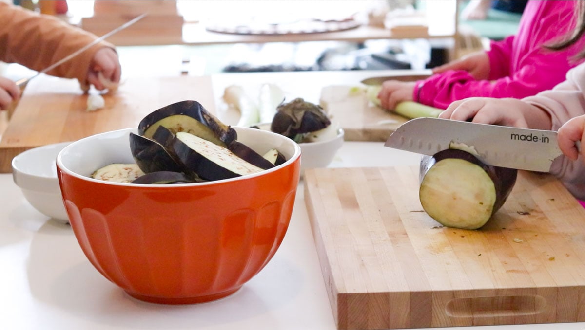 prepping vegetables to make the ultimate musaka