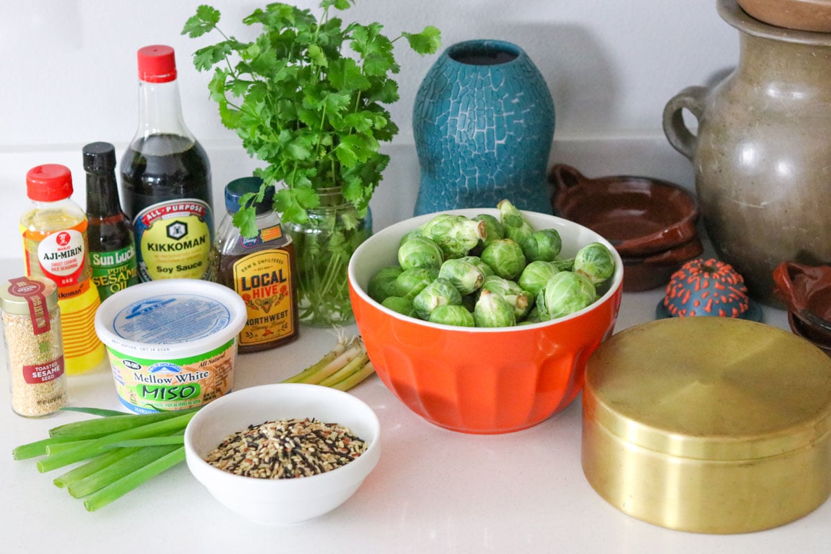 ingredients for making sweet and sticky oven-roasted brussels sprouts from Veg-Table