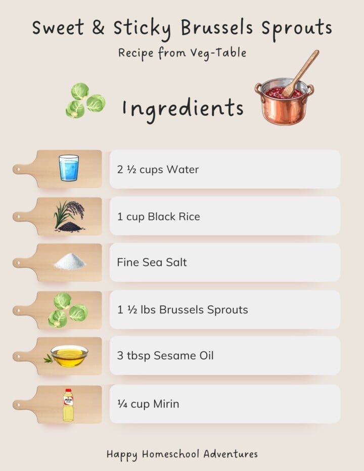 illustrated ingredients snippet for making sweet and sticky Brussels sprouts from Veg-Table cookbook