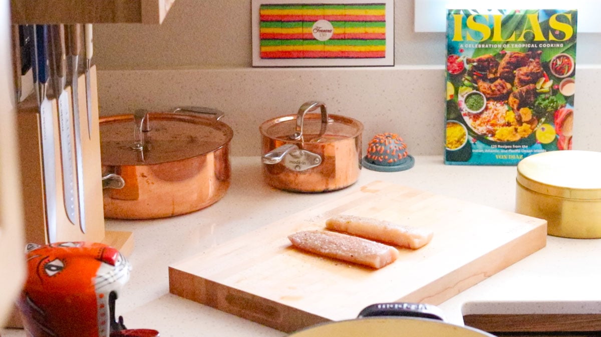 seasoned mahi-mahi on a butcher block