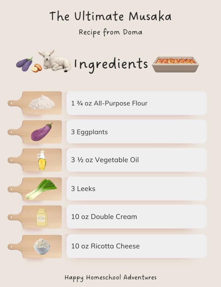 illustrated ingredients snippet for making The Ultimate Musaka from Doma
