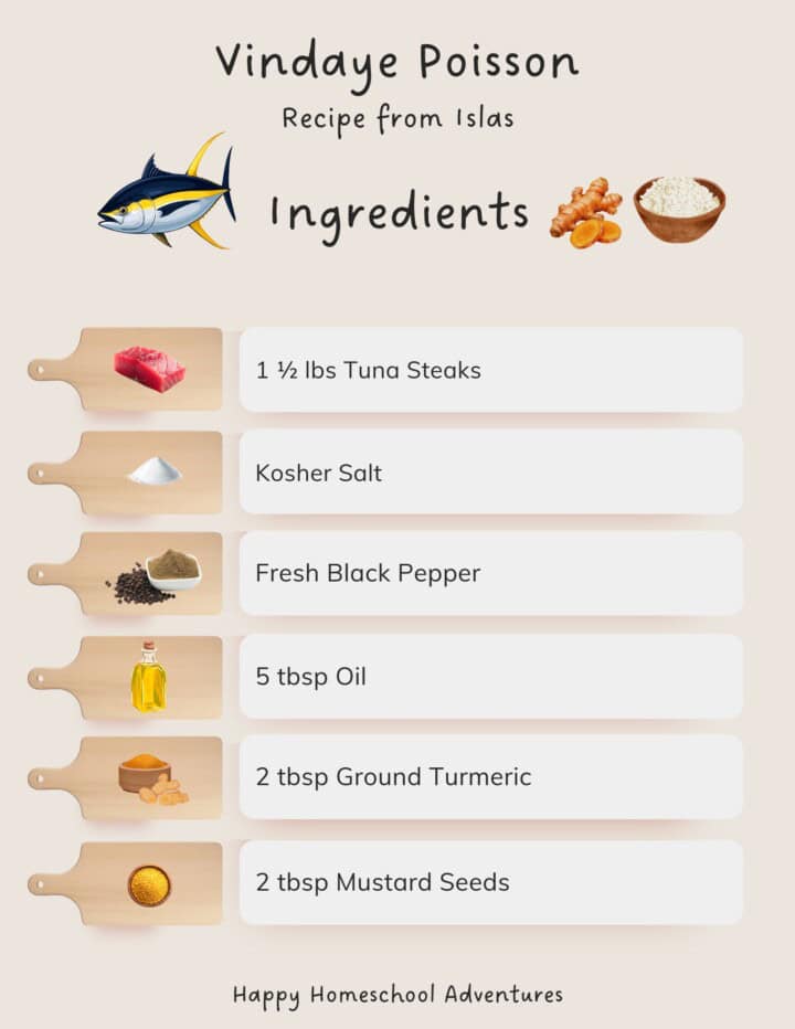 illustrated ingredients snippet for making Vindaye Poisson from Islas