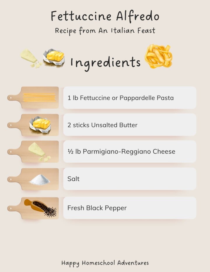 illustrated ingredients for making fettuccine alfredo from An Italian Feast