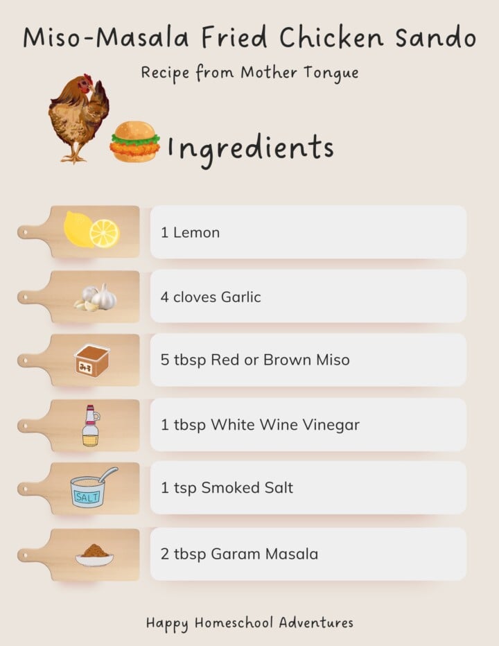 illustrated ingredients snippet for making Miso-Masala fried chicken sando from mother tongue cookbook