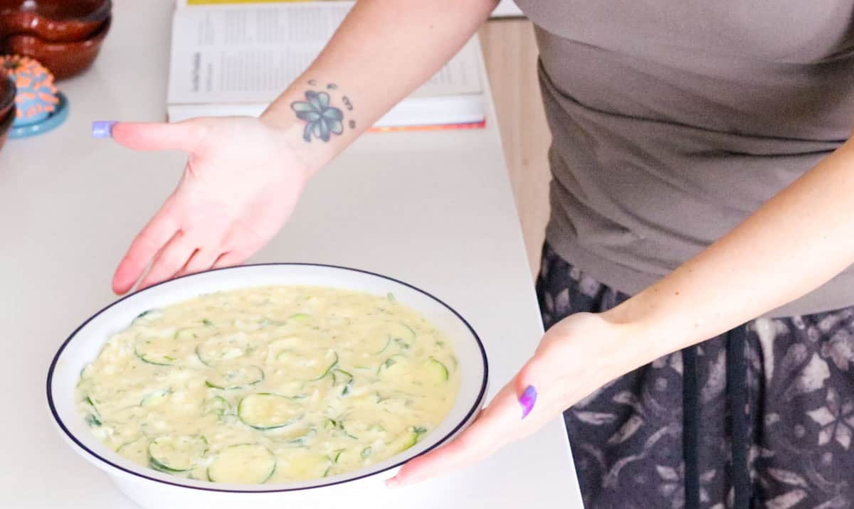unbaked zucchini casserole in a Made In pie dish