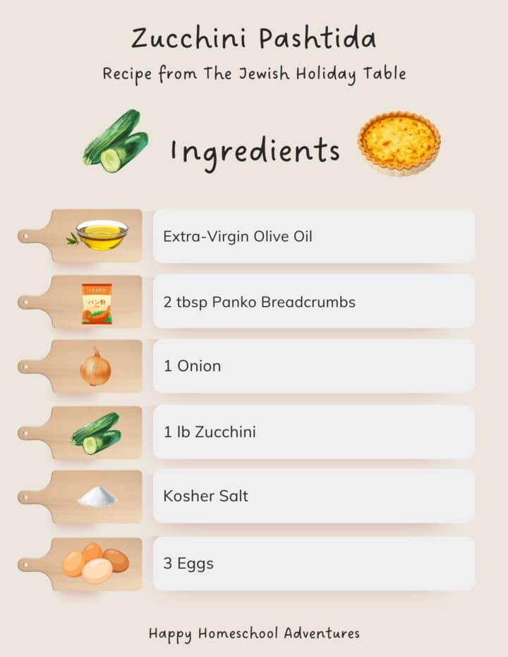 illustrated ingredients snippet for making zucchini pashtida from The Jewish Holiday Table