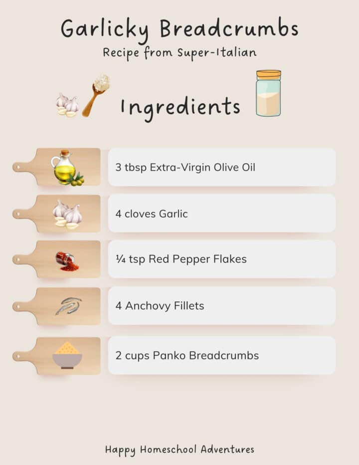 illustrated ingredients snippet for making garlicky breadcrumbs from Super-Italian