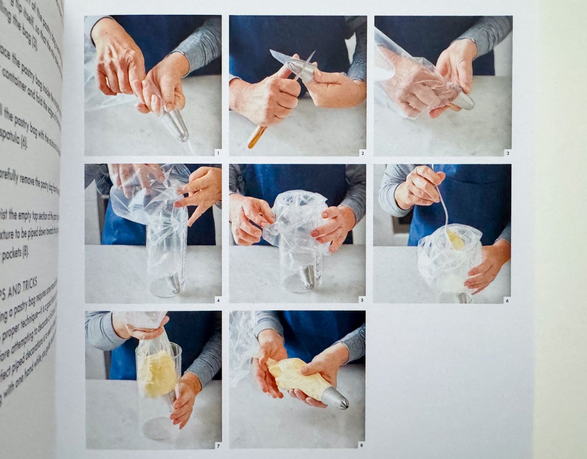 pictures demonstrating how to set up a piping bag from The Italian Bakery