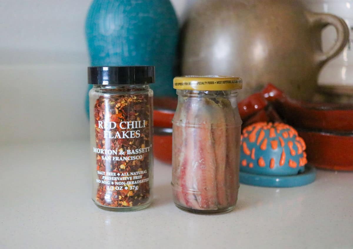 red pepper flakes and anchovy filets