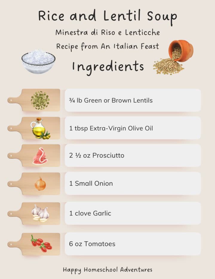 illustrated ingredients snippet for making rice and lentil soup from An Italian Feast