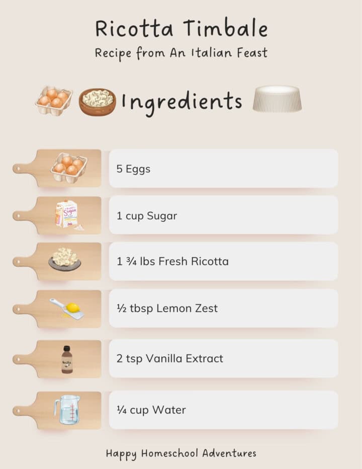 illustrated ingredients snippet for making ricotta timbale from An Italian Feast