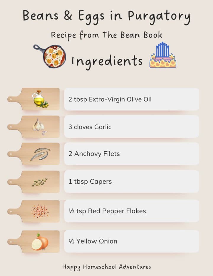 illustrated ingredients snippet for making beans and eggs in purgatory