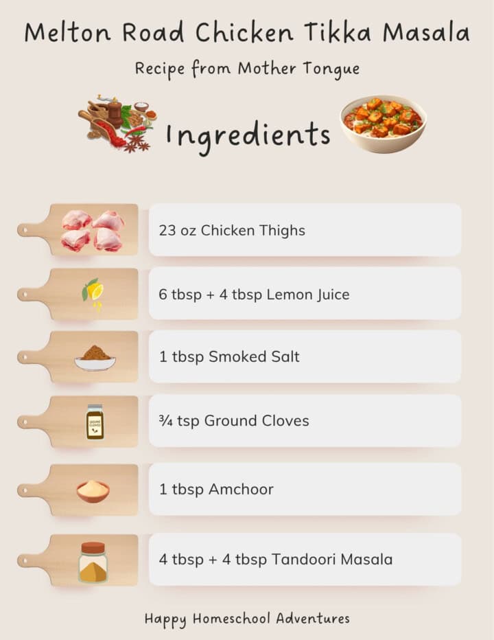 illustrated ingredients snippet for making melton road chicken tikka masala