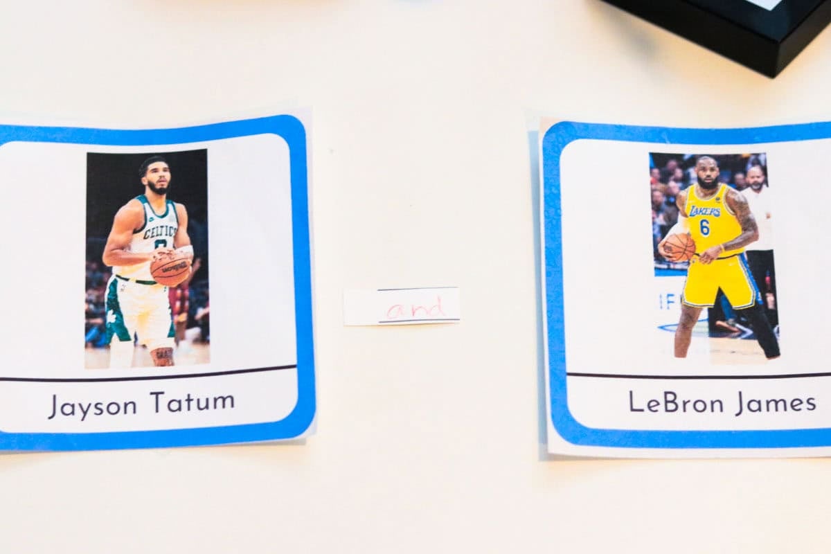 Jayson Tatum and LeBron James cards with a pink 'and' label between them