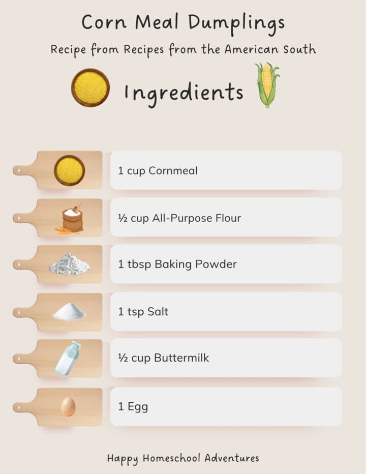 illustrated ingredients snippet for making corn meal dumplings from Recipes from the American South