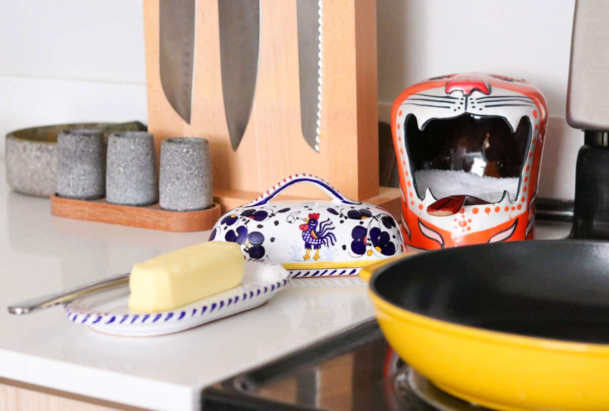 Houseplant x Artistica butter dish beside the stove