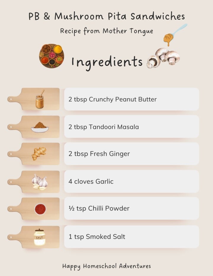 illustrated ingredients snippet for making peanut butter and tandoori mushroom pita sandwiches