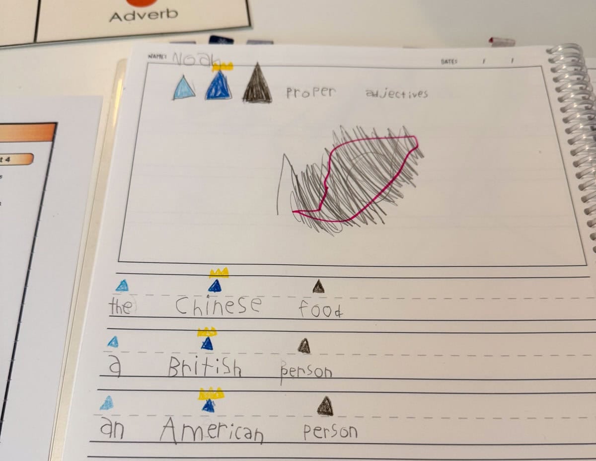 phrases with proper adjectives and grammar symbols, written in a notebook