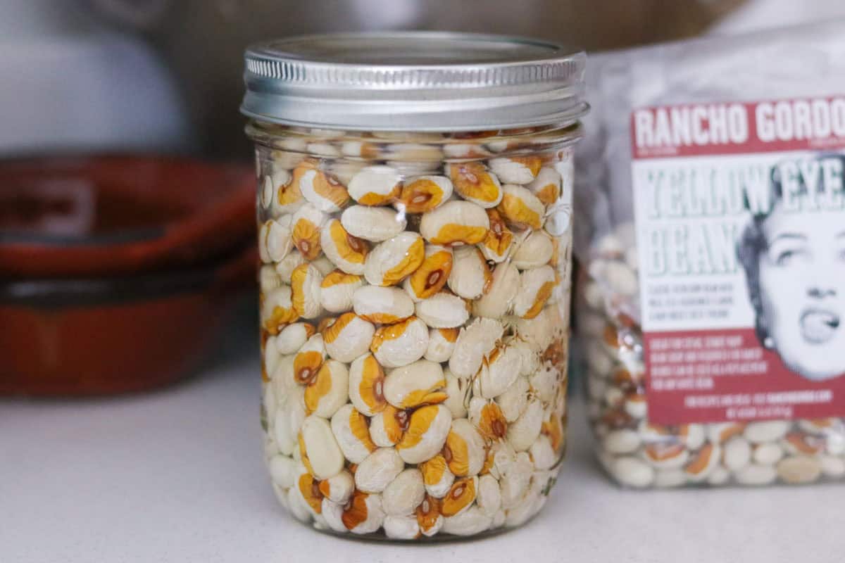 rancho gordo yellow eye beans soaking and in the packaging