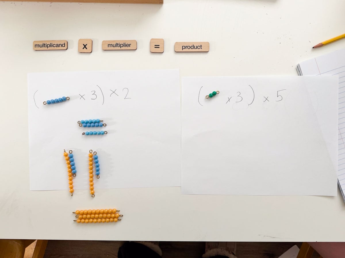 the associative property of multiplication using Montessori bead bars