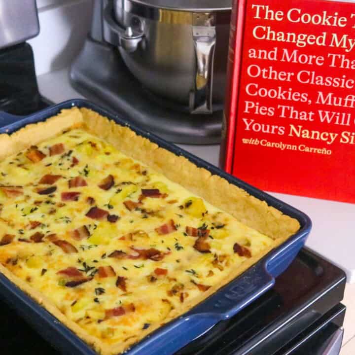 bacon, potato, and cheese quiche beside The Cookie That Changed My Life