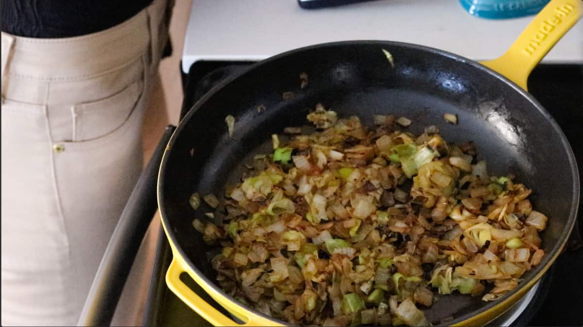 caramelized leeks and onion in a pan