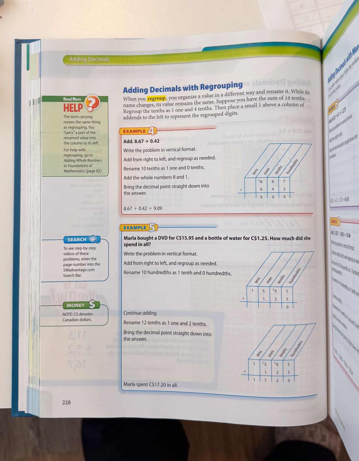 decimal addition using the Southwestern Learning Library Math I book