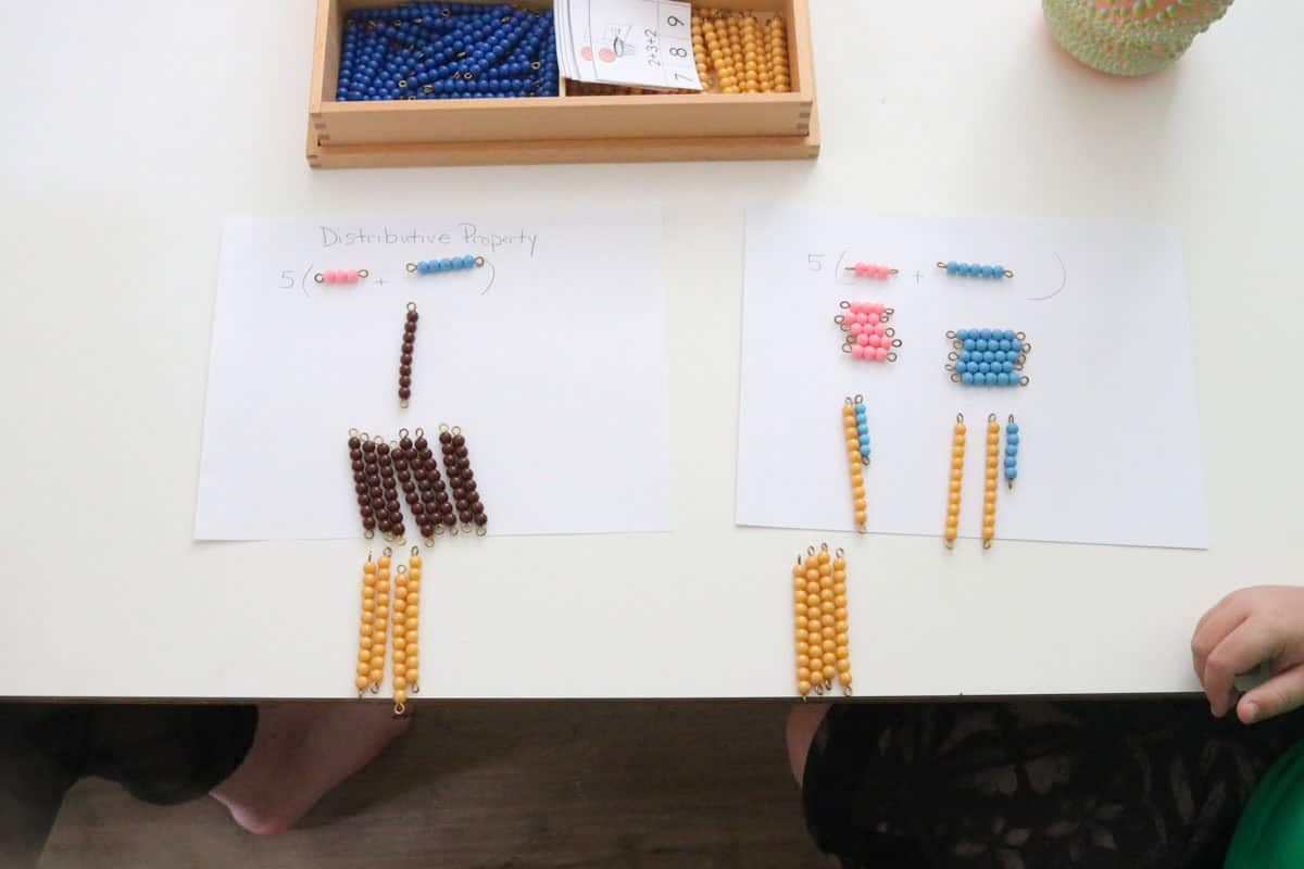 Distributive Property using colored bead bars from the decanomial box