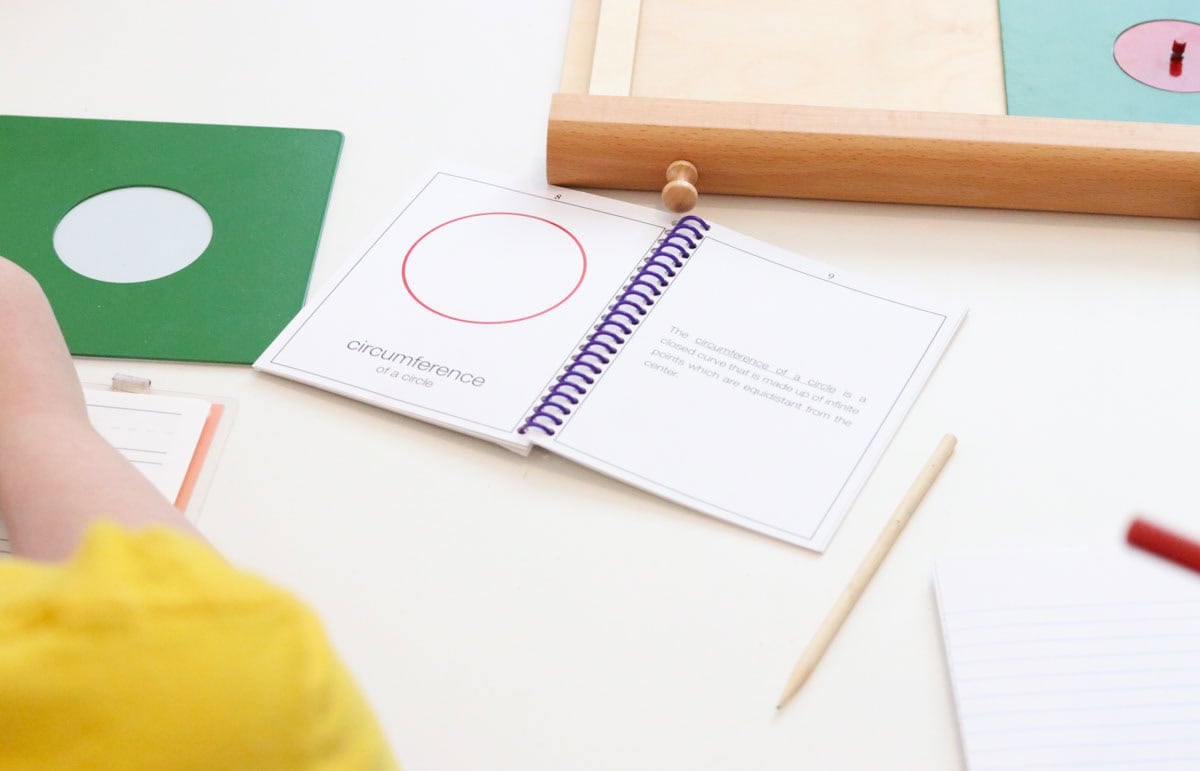 circumference booklet from Alison's Montessori beside circle insets from geometry cabinet