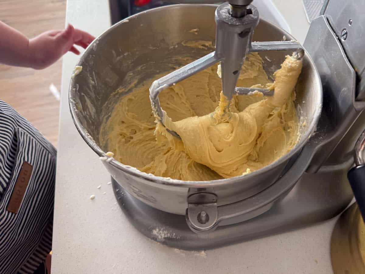 crumb cake batter in a stand mixer