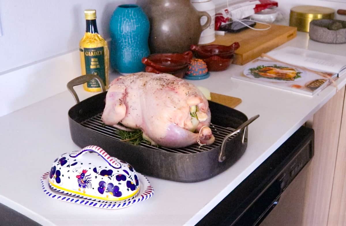a butter dish, a raw whole chicken on a roasting pan, and Giadzy olive oil