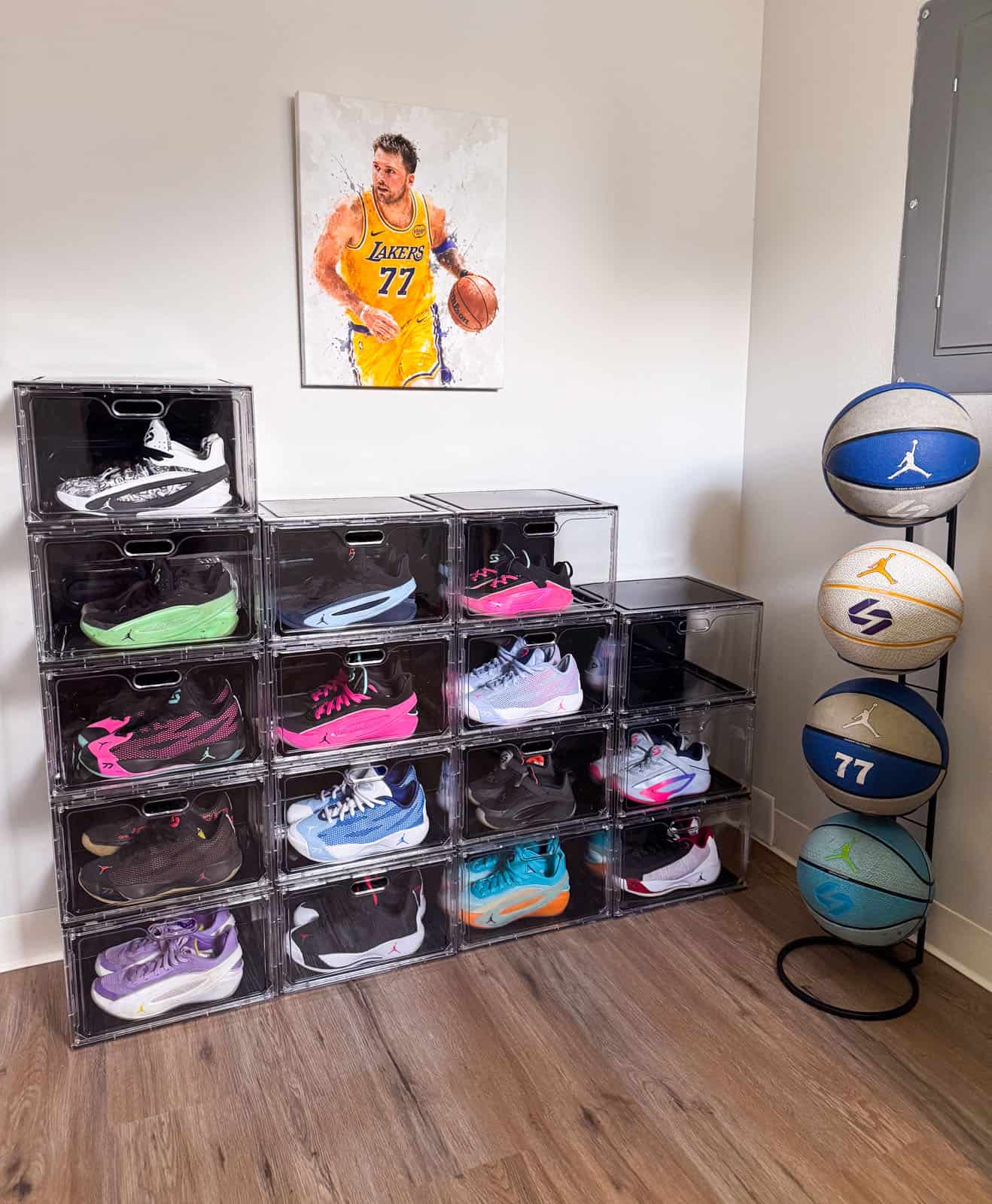 basketball entryway with shoe organization and ball storage