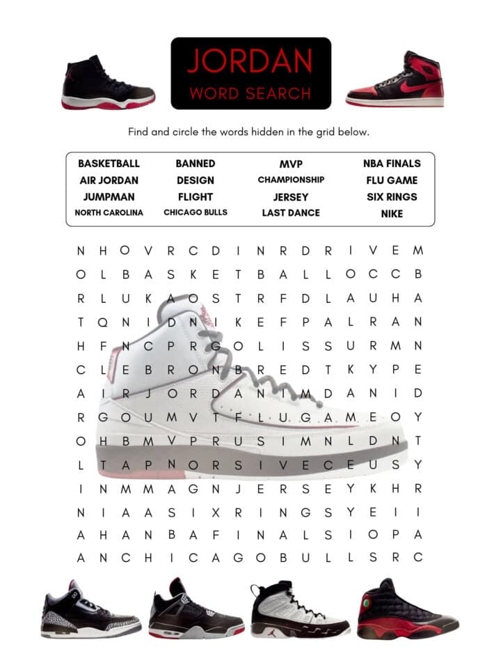 first activity from the Jordan Language Bundle: a word search featuring Air Jordan basketball sneakers