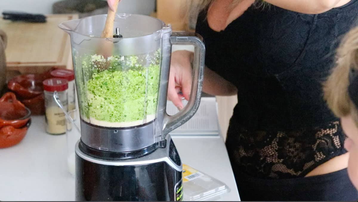 Kristin is combining the panade ingredients in the blender
