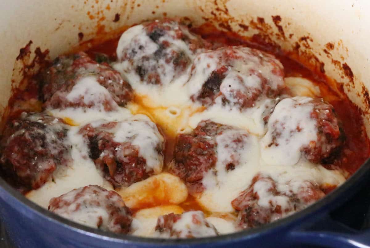 meatball parm in a Dutch oven