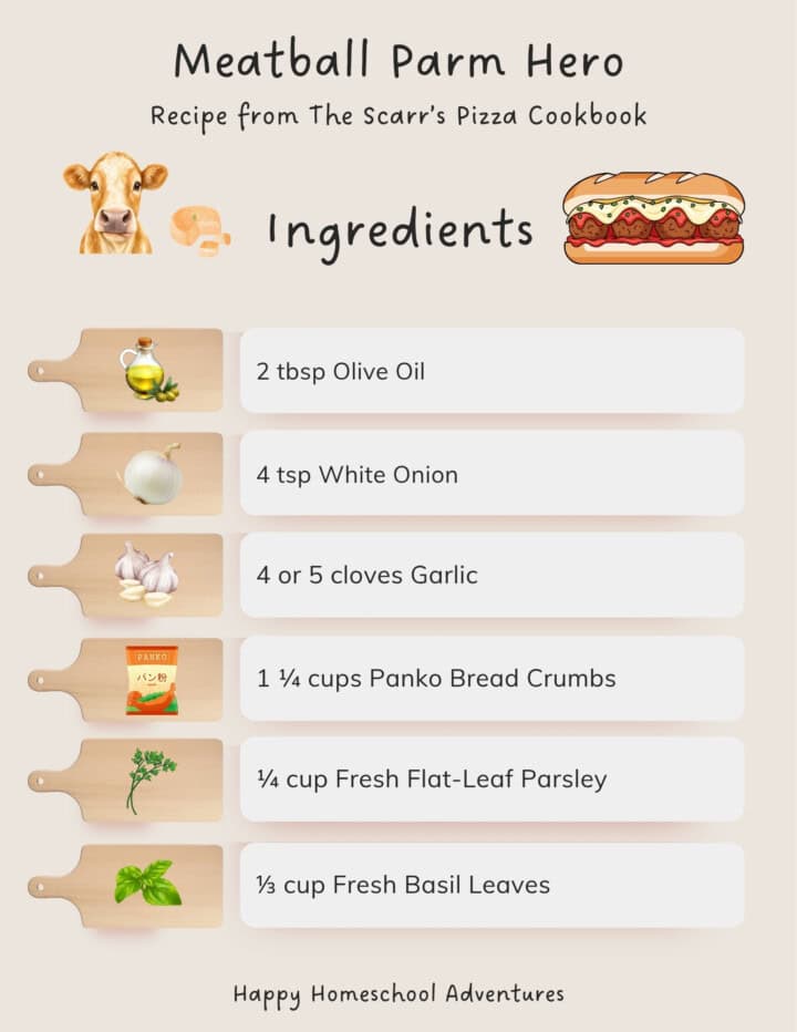 illustrated ingredients snippet for making meatball parm heroes from The Scarr's Pizza Cookbook