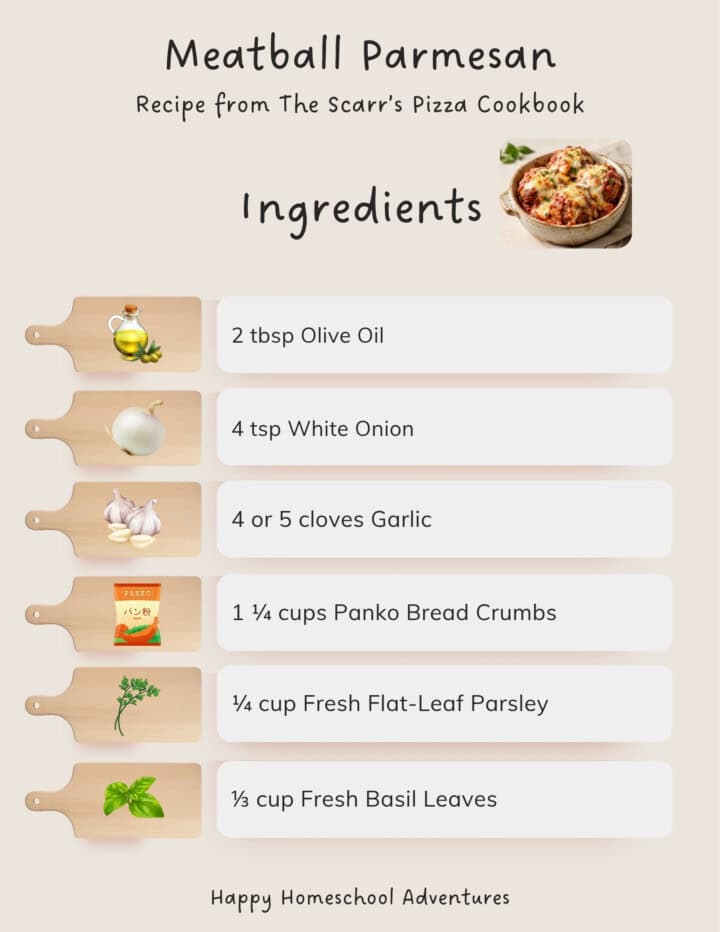 illustrated ingredients snippet for making Meatball Parmesan from The Scarr's Pizza Cookbook