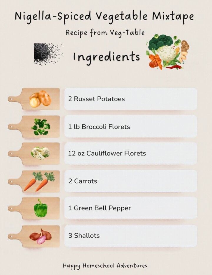 illustrated ingredients snippet for making nigella-spiced vegetable medley from Veg-Table